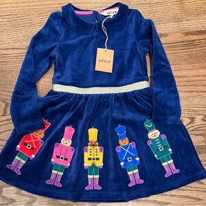Boden Blue Velvet Dress with Colorful Nutcracker Design